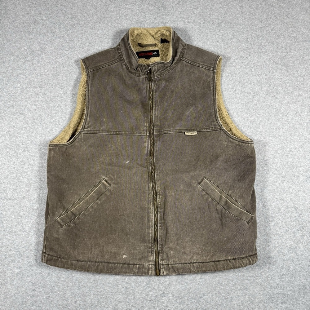 Wolverine Workwear Vest Mens L Brown Cotton Canvas Sherpa Lined Full Zip